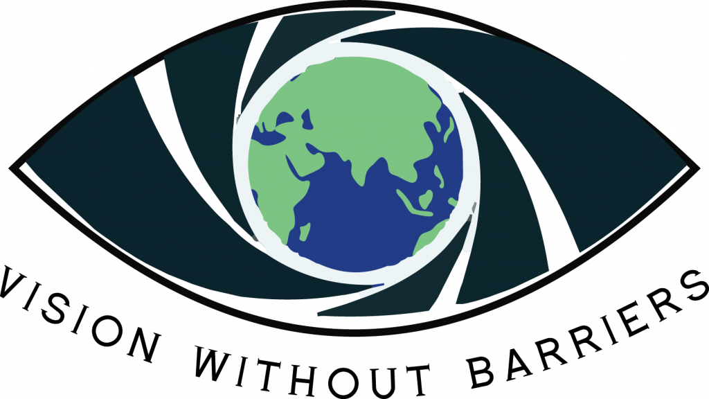 The Vision Without Barriers logo depicts an eye shaped black and white spiral. Where an iris would normally be present, there is a two dimensional depiction of planet earth, which conveys Vision Without Barrier's global mindset & reach. Continents such as Africa, parts of Europe, predominately all of Asia, as well as a bit of Australia are seen on this iris depiction. This also conveys ties the charity has with countries in that region. Continents are shown colored in green while water is colored blue. Underneath this eye, the words, "Vision Without Barriers" hug the bottom portion of this eye and curve upwards at each end - conveying the closeness of the organization to each individual it is privileged to serve. 